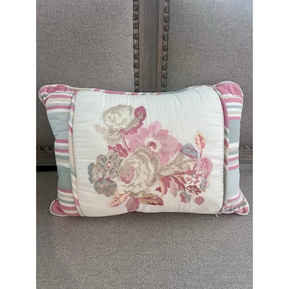 Waverly Spring Bling Farmhouse Floral Embroidered  Pillow Cover Accent Stripe